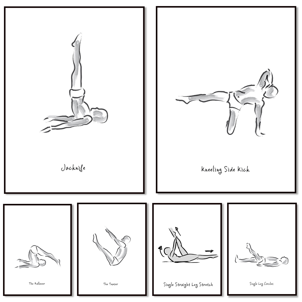 Pilates Yoga Combined - Черно-белые инфографики по упражнениям пилатеса, постер